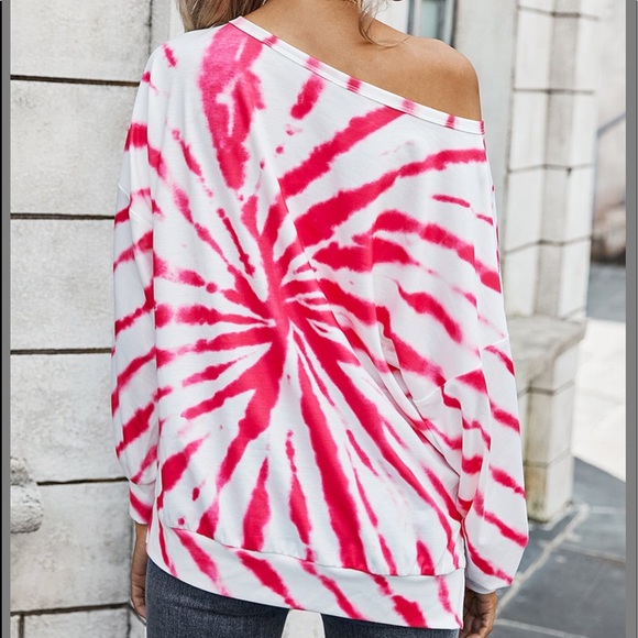 HotPink & White Tie-Dye Shoulder drop Top - Picture 2 of 2